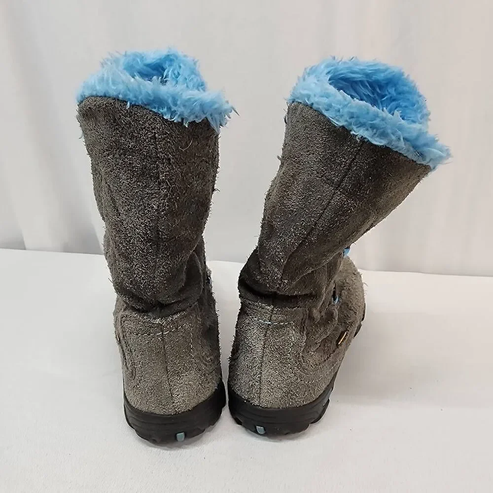 KEEN Brighton Size 4 WP Winter Boot Little Kid/Big Kid Grey Suede Blue  Faux Fur